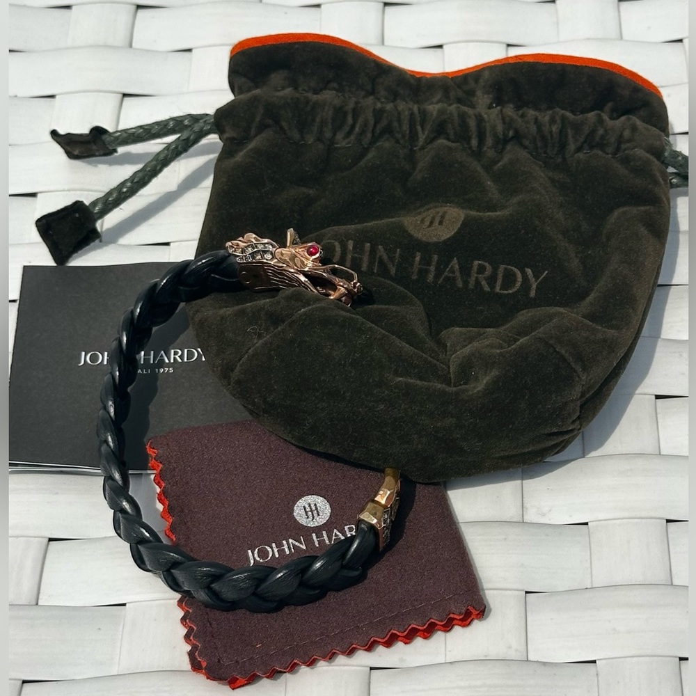 John Hardy Dragon Head Brass and Woven Leather Bracelet with Champagne Diamonds